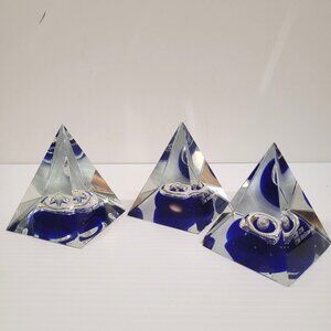 CTB McGraw Hill 3 Paperweights Award Pharaoh Art Glass Pyramid Cobalt Blue Glows